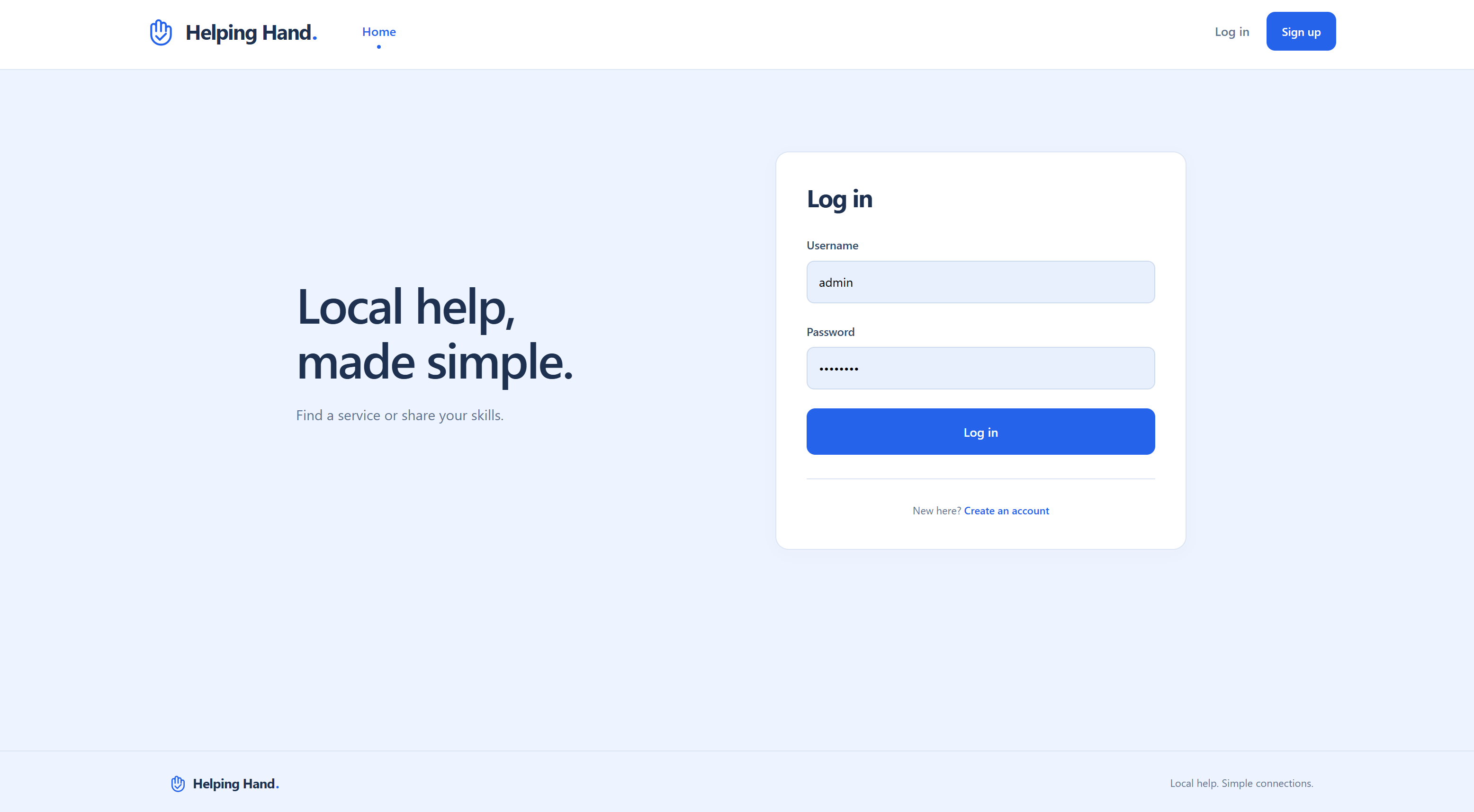 HelpingHand login page with the service marketplace introduction and sign-in form